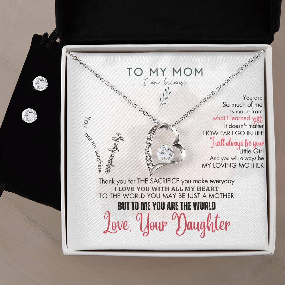 To My Mom - Forever Love Necklace + Clear CZ Earrings